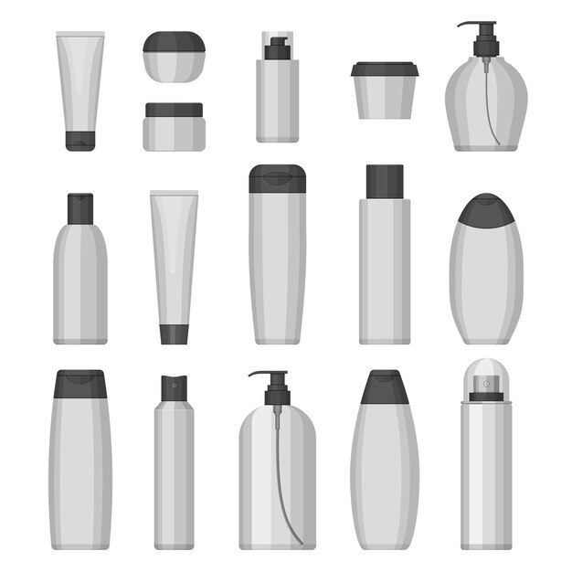 Conjunto de botellas cosméticas vectoriales para belleza y limpieza, cuidado de la piel y el cuerpo, aseos. Diseño plano sobre un fondo blanco. Crema, pasta de dientes, champú, gel, spray, tubo y jabón