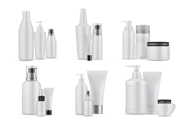 Conjunto de botellas de cosméticos aislado en blanco