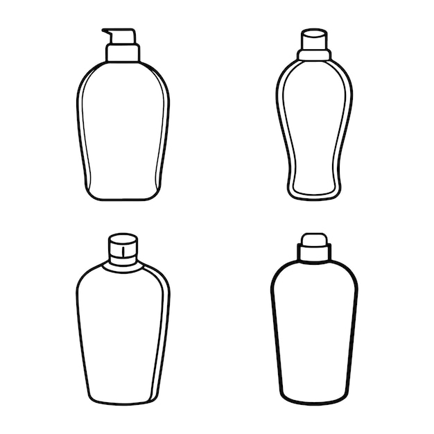 Conjunto de botellas de cosméticos Botellas para champú, crema, tónico y bálsamo Imagen lineal sobre un fondo blanco