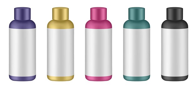 Vector conjunto de botellas de cosméticos con etiqueta y tapa. botellas de color amarillo, verde, negro, morado y rosa. oxidante para tinte de cabello.