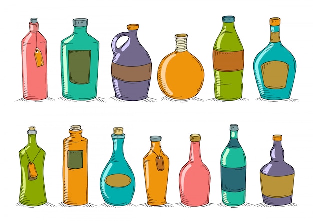 Vector conjunto de botellas de doodle de dibujos animados.