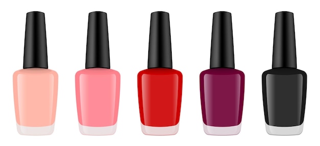 Conjunto de botellas de esmalte de uñas realistas Laca de uñas o gel Desnudo rosa rojo y negro colores