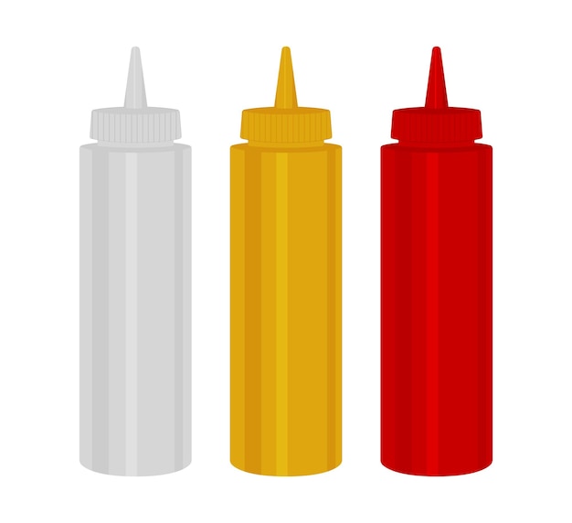 Conjunto de botellas exprimibles de condimentos, ketchup, mostaza y mayonesa, recipientes dispensadores de plástico, ilustración