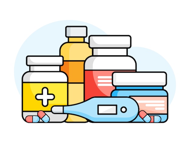 Vector conjunto de botellas de medicina con etiquetas y píldoras sobre un fondo blanco. medicamentos, tabletas, cápsulas de vitaminas, termómetro. ilustración de estilo plano.