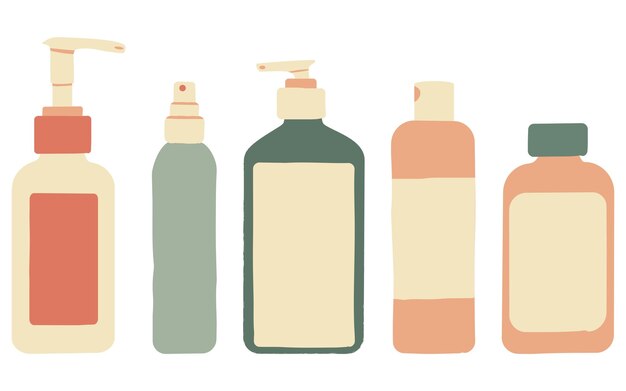 Conjunto de botellas de objetos aislados para el cuidado de la piel con dispensador de loción, espuma, crema, jabón líquido, etc. Paquete de productos cosméticos dibujados a mano con letras Ilustración de vector plano