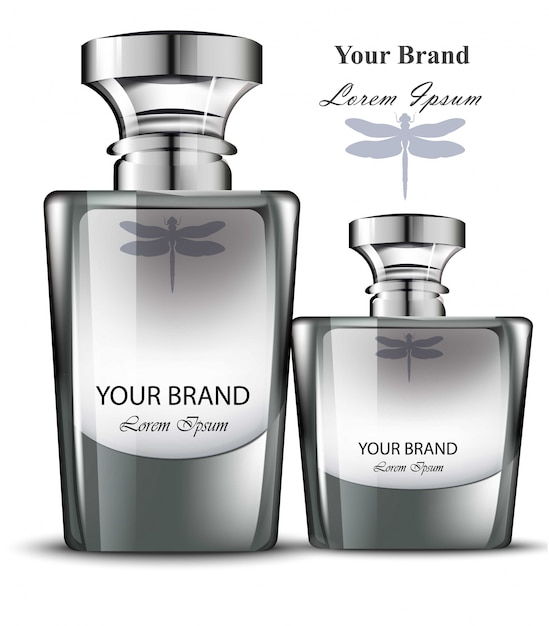 Conjunto de botellas de perfume de hombres. Diseños de envases de productos realistas