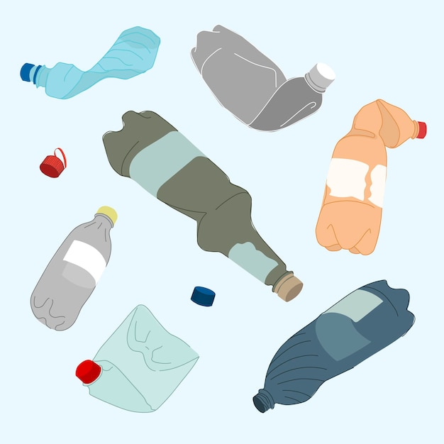 Vector conjunto de botellas de plástico arrugadas ilustración vectorial el concepto de salvar el planeta y recolectar desechos plásticos para reciclar