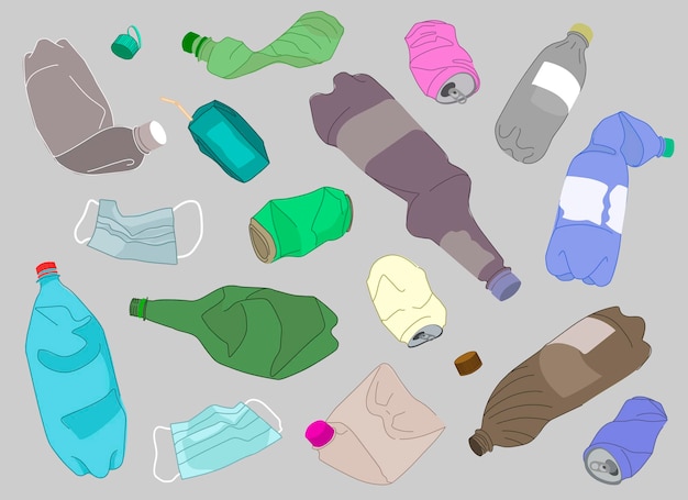 Conjunto con botellas de plástico arrugadas y máscaras usadas El concepto de salvar el planeta y recolectar desechos plásticos para reciclar