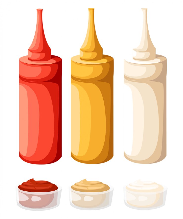 Vector conjunto de botellas de plástico de comida rápida de colores. ketchup, mayo, mostaza. ilustración en blanco.