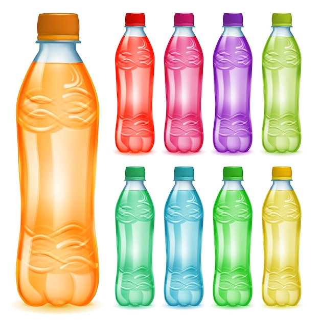 Conjunto de botellas de plástico con líquidos multicolores botellas con tapas de colores llenas de varios jugos coloridos