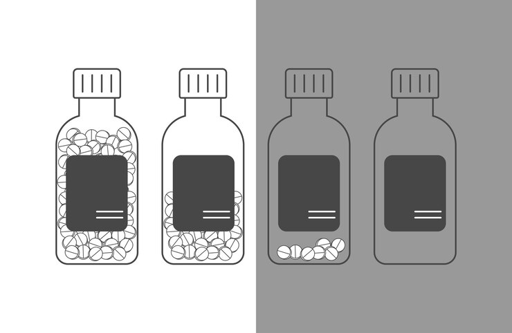 Vector conjunto de botellas de plástico llenas a mitad llenas y vacías con pastillas tratamiento de farmacia xd
