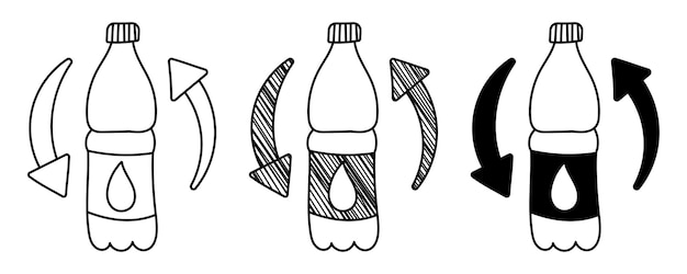 Conjunto de botellas de plástico vectoriales dibujadas a mano en un estilo de dibujos animados de garabatos Sin plástico