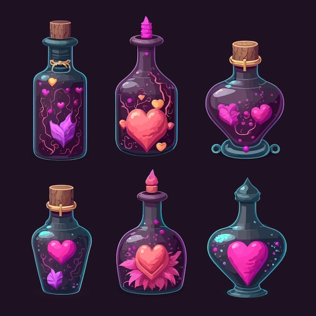 Vector conjunto de botellas de poción de amor aislado sobre fondo oscuro aislado sobre fondo ilustración vectorial