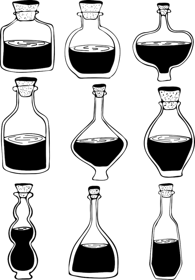 Vector conjunto de botellas de poción vectorial capacidad de bruja y alquimista licor de cerveza venenosa