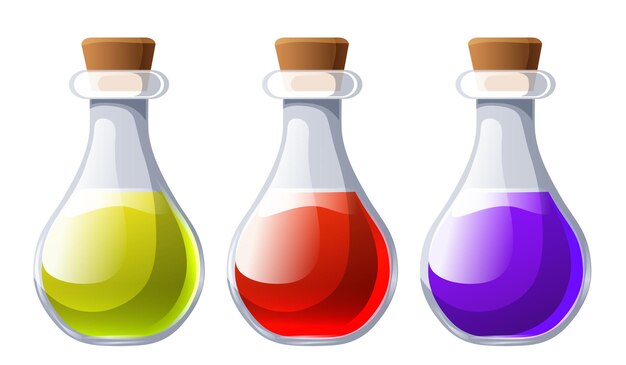 Conjunto de botellas de pociones Elixir de salud o maná Iconos para videojuegos Vector clipart