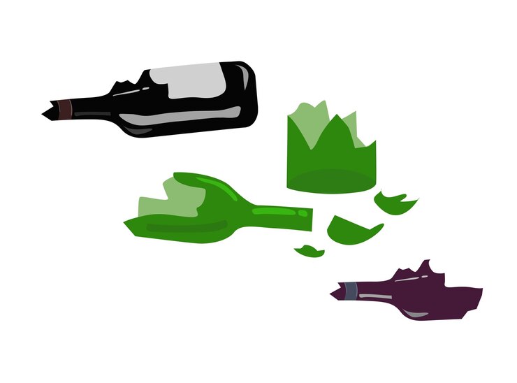 Vector conjunto de botellas rotas vector cristalería rota vector plano conjunto de vectores de vidrio roto estilo de dibujos animados