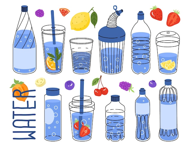 Conjunto de botellas y tazas de plástico con bebidas y frutas Contenedor para líquidos Bebidas de frutas frescas y cócteles Para calmar la sed Ilustración vectorial aislada sobre un fondo transparente