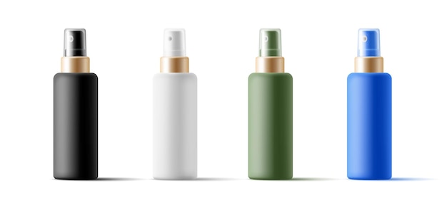 Vector un conjunto de botellas vacías de aerosoles para cosméticos y aerosoles de farmacia colores verde azul blanco y negro