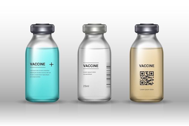 Vector conjunto de botellas de vacunas médicas sobre fondo gris. vacuna - vidrio transparente. protección coronavirus e infección. ilustración realista.