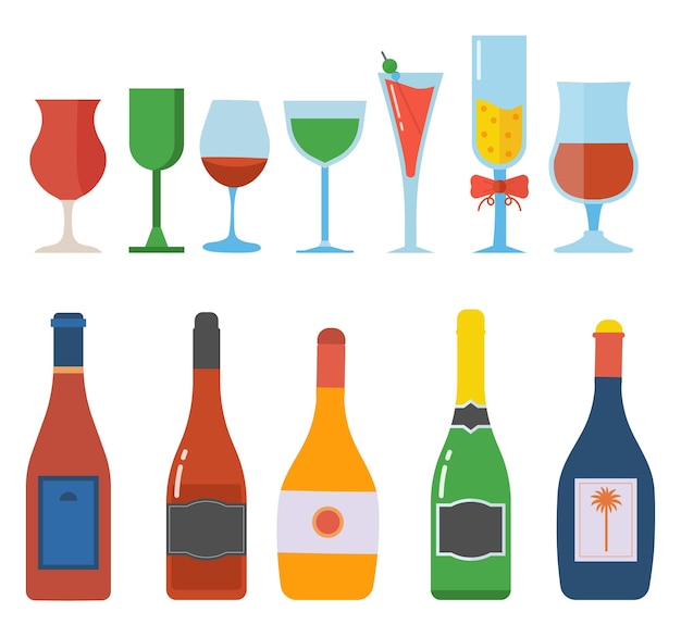 Conjunto de botellas y vasos de alcohol