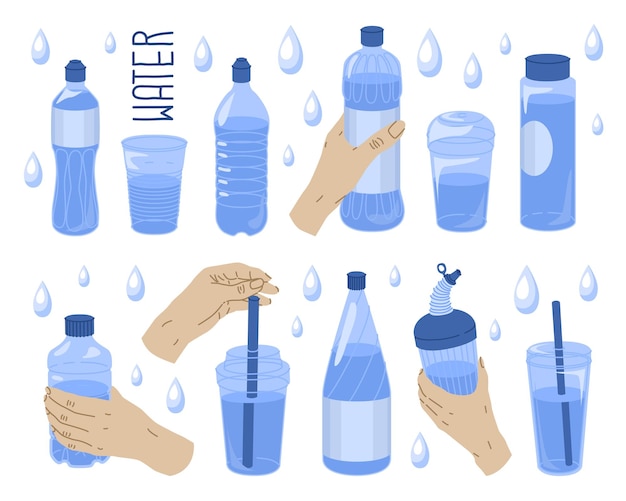 Conjunto de botellas y vasos de plástico llenos Contenedor para bebidas y otros líquidos Envases reciclables Necesidad diaria de agua Ilustración vectorial aislada sobre fondo transparente