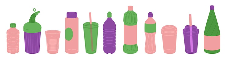 Vector conjunto de botellas y vasos de plástico vacíos contenedor para bebidas y otros líquidos envases reciclables ilustración vectorial aislada sobre un fondo transparente