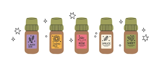 Conjunto de botellas de vidrio con aceites esenciales. Lavanda, manzanilla, rosa, abeto, hoja. Etiqueta autoadhesiva.