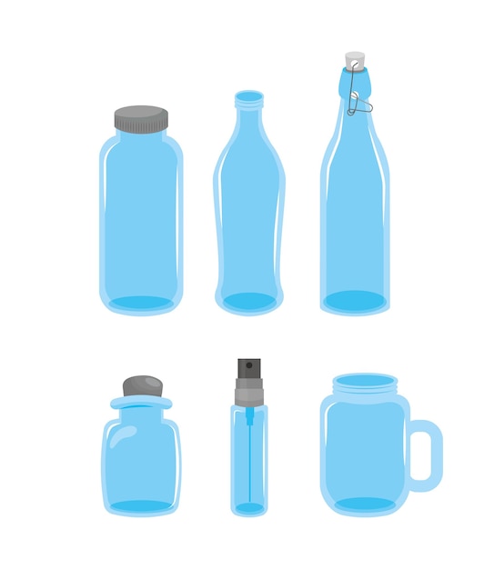 Conjunto de botellas de vidrio aislado sobre fondo blanco. ilustración vectorial