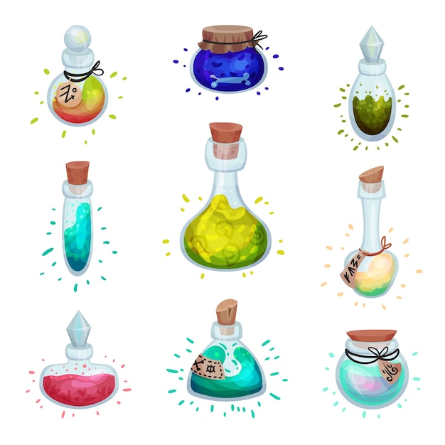 Vector conjunto de botellas de vidrio de diferentes formas con elixires.