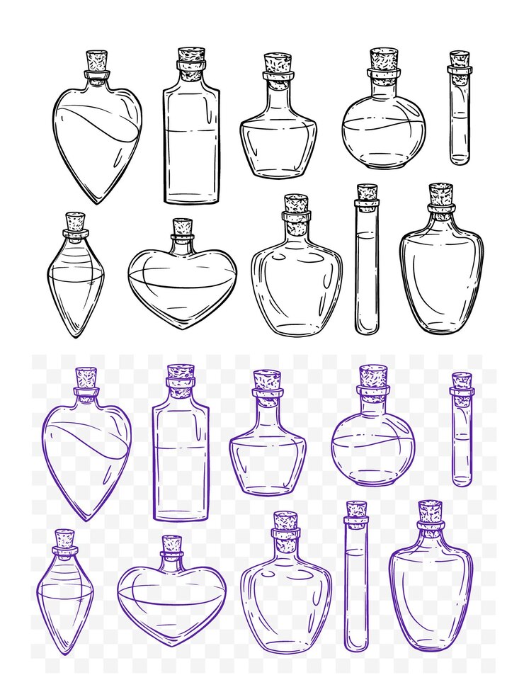 Vector conjunto de botellas de vidrio elixir veneno poción mágica brujas artesanía boceto vectorial contorno de ilustración