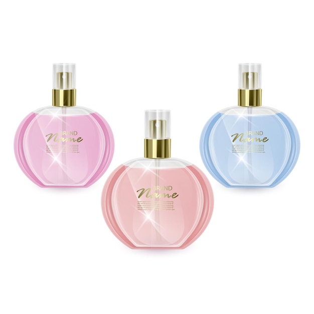 Conjunto de botellas de vidrio de perfume aislado.