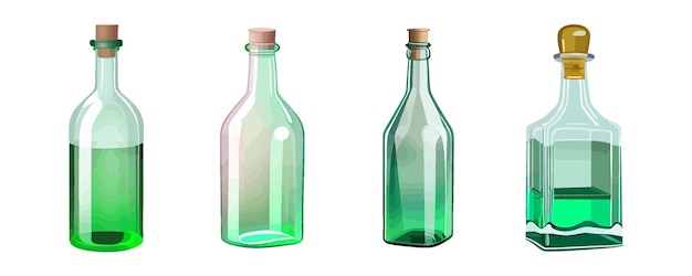 Conjunto de botellas de vidrio vacías Botellas de vidrio verde de varias formas con un corcho de haya