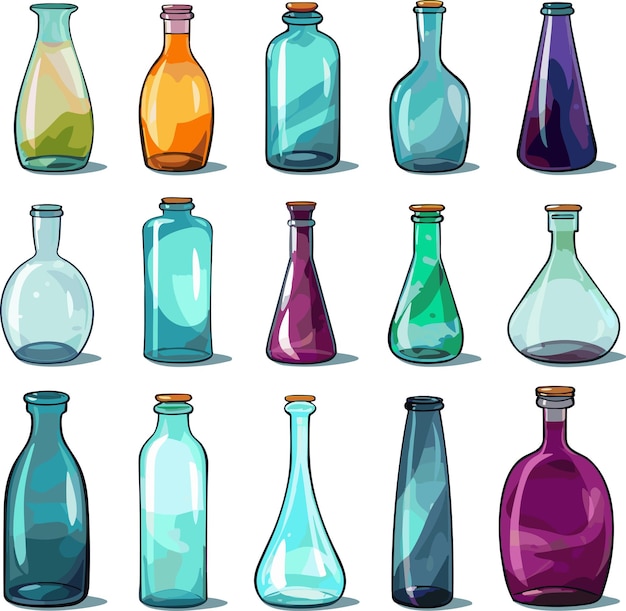 Conjunto de botellas de vidrio de varias formas y colores aislado en ilustración de vector de fondo blanco