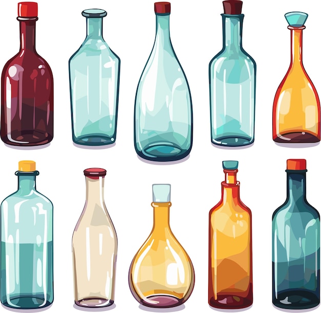 Vector conjunto de botellas de vidrio de varias formas y colores aislado en ilustración de vector de fondo blanco