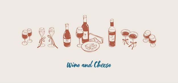Conjunto de botellas de vino y copas con platos de queso brie dibujados a mano