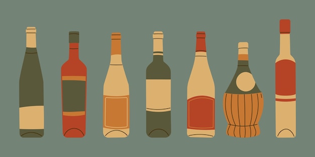 Vector conjunto de botellas de vino de diferentes formas y tipos ilustración de vector de colores vintage