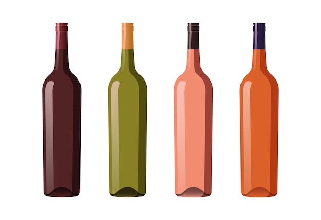 Conjunto de botellas de vino de diferentes tipos y colores