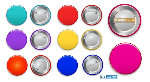 Vector conjunto de botón de pin realista aislado o mercancía de promoción de plantilla de botón de broche