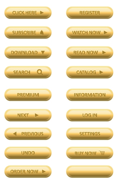 Conjunto de botones 3D vectoriales dorados para el sitio web