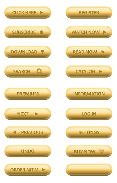 Vector conjunto de botones 3d vectoriales dorados para el sitio web