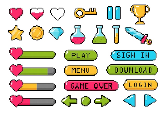 Conjunto de botones de 8 bits Interfaz para programas y aplicaciones móviles Juego terminado y juego Estrella del corazón y espada Diseño de menú o configuración Colección de vectores planos de dibujos animados aislados en fondo blanco