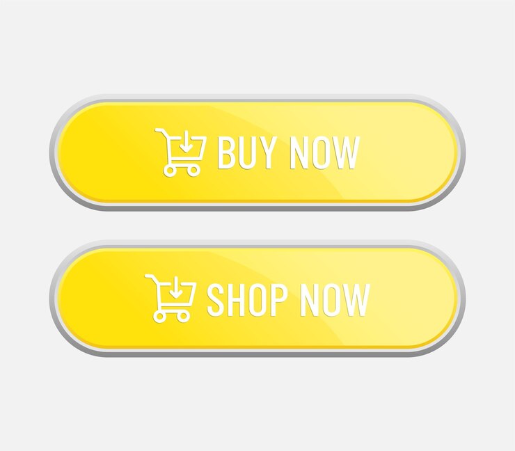 Conjunto de botones amarillos de compra y compra ahora para tiendas en línea de comercio electrónico y marketing digital