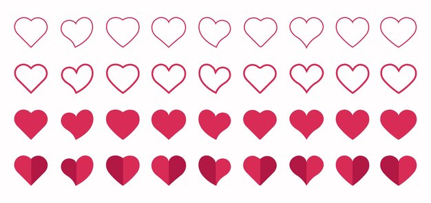 Conjunto de botones de aplicación de decoraciones del día de San Valentín de corazones planos simples rojos como signos