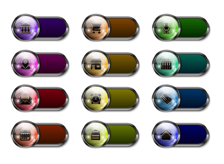 Vector conjunto de botones brillantes de colores con icono
