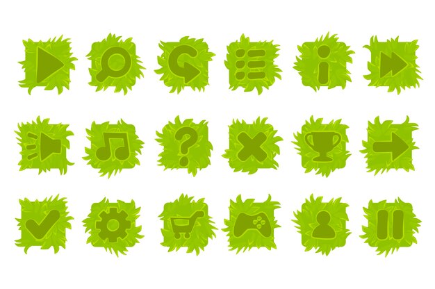 Conjunto de botones de césped para el menú del juego. Iconos verdes aislados para la interfaz.