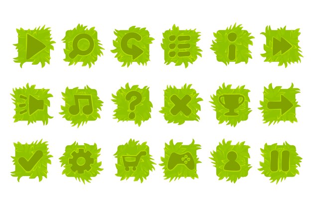 Vector conjunto de botones de césped para el menú del juego. iconos verdes aislados para la interfaz.