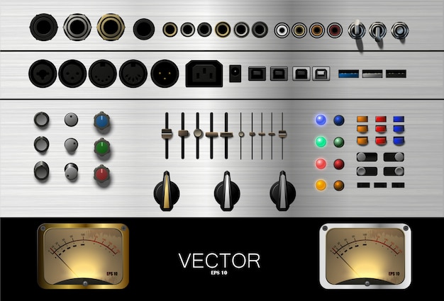 Un conjunto de botones, conectores y otros accesorios para música. .