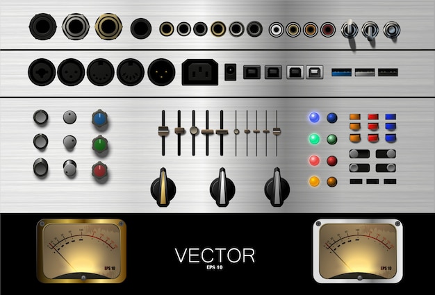 Vector un conjunto de botones, conectores y otros accesorios para música. .