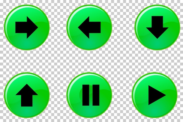 Conjunto de botones de control de medios circulares verdes brillantes con flechas direccionales Reproduce símbolos de pausa y navegación en iconos vectoriales de alta resolución de fondo transparente
