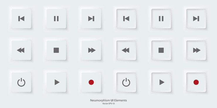 Vector un conjunto de botones cuadrados blancos con símbolos de reproducción de música reproducir icono de música estilo de diseño 3d neumorfismo para sitios web interfaces y aplicaciones móviles ui ux ilustración vectorial